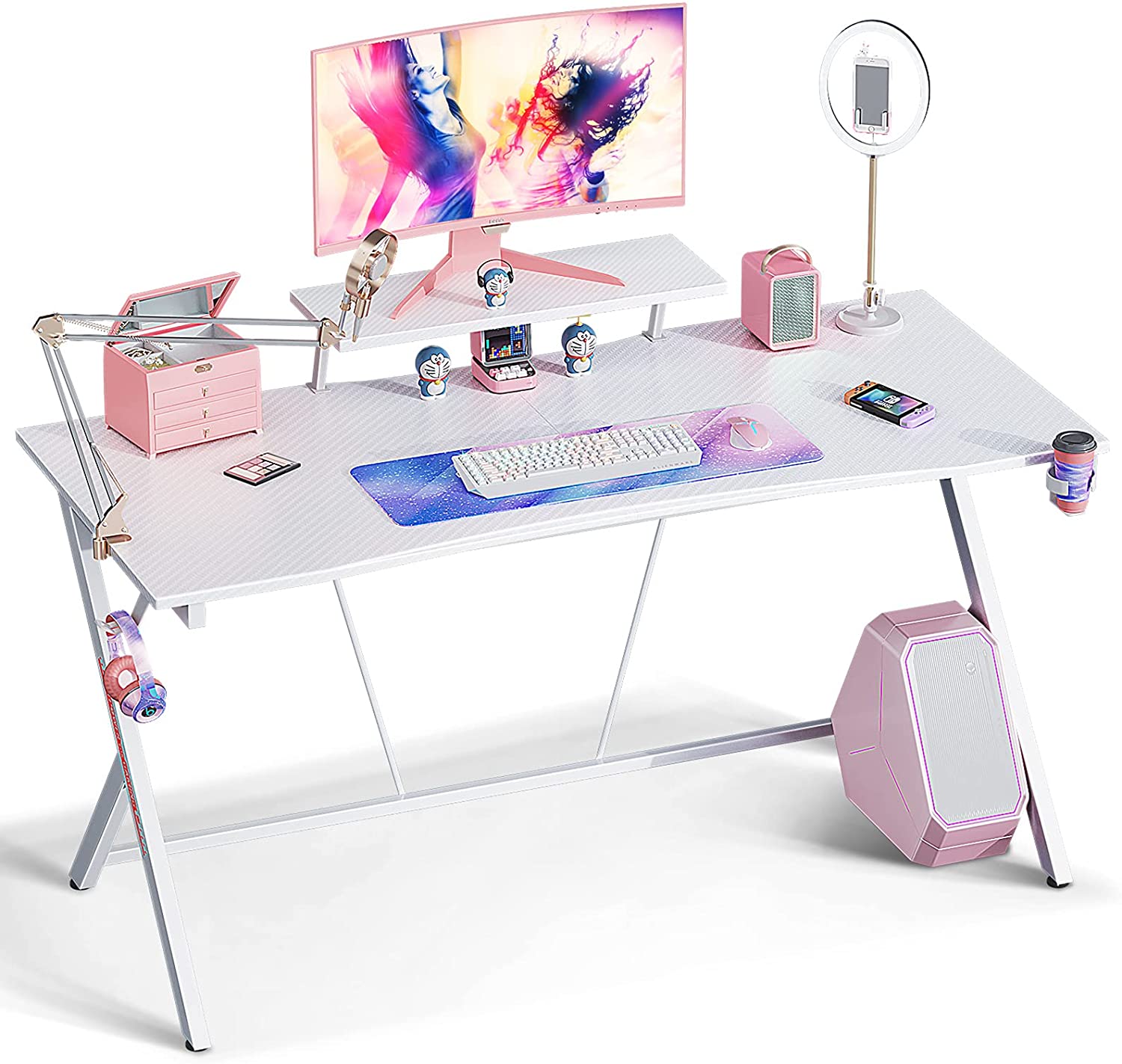 60" Gaming Desk with Monitor Shelf-White