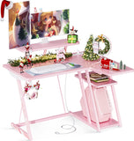 39 Inch L-Shaped Gaming Desk Pink, Carbon Fiber Surface& Power Outlets