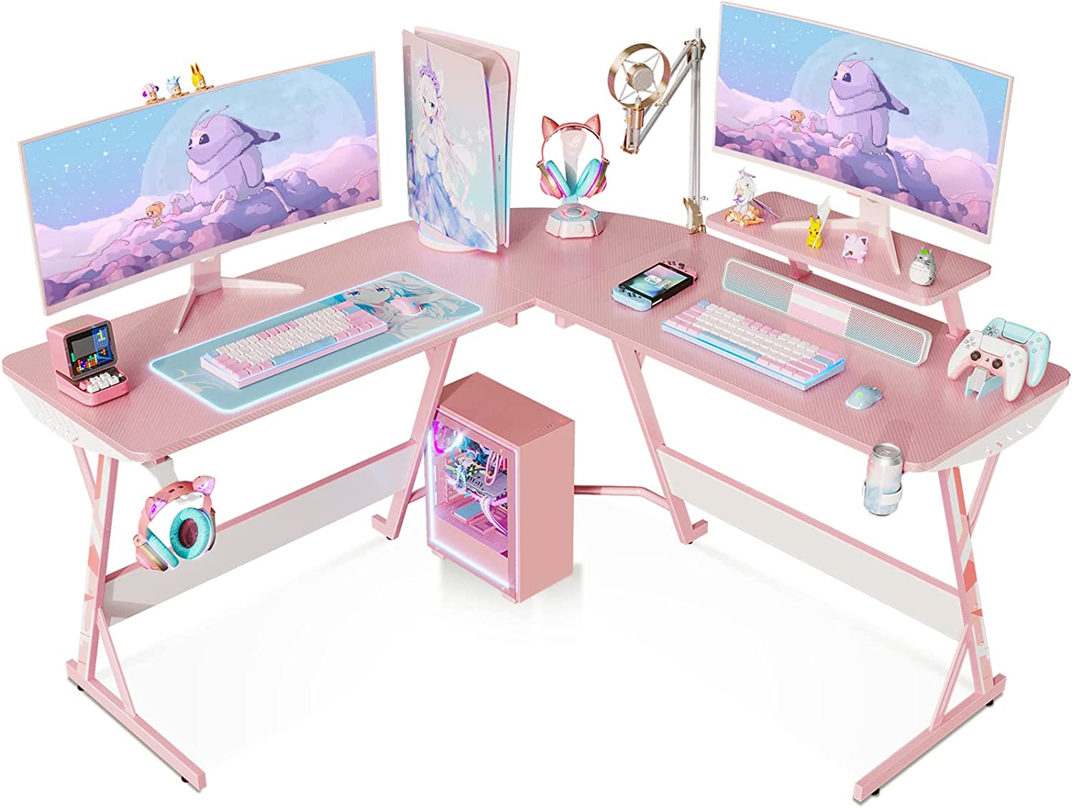 51 Inch Large Gaming Desk L-Shaped With Monitor Shelf - Pink