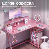 39 Inch L-Shaped Gaming Desk Pink, Carbon Fiber Surface& Power Outlets