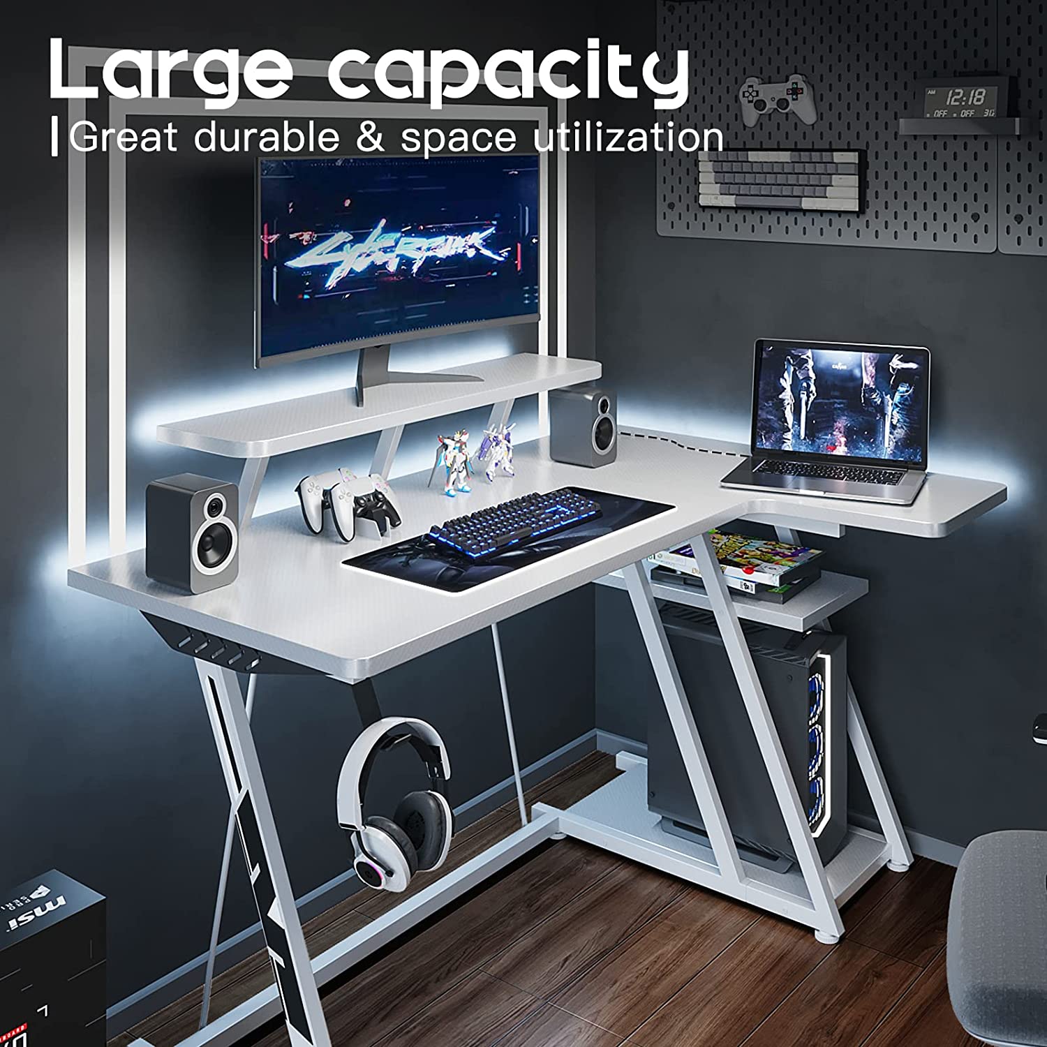 39 Inch L-Shaped Gaming Desk White, Carbon Fiber Surface& Power Outlets