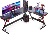 66 Inch Large Gaming Desk L-Shaped With Monitor Shelf - Black&Red