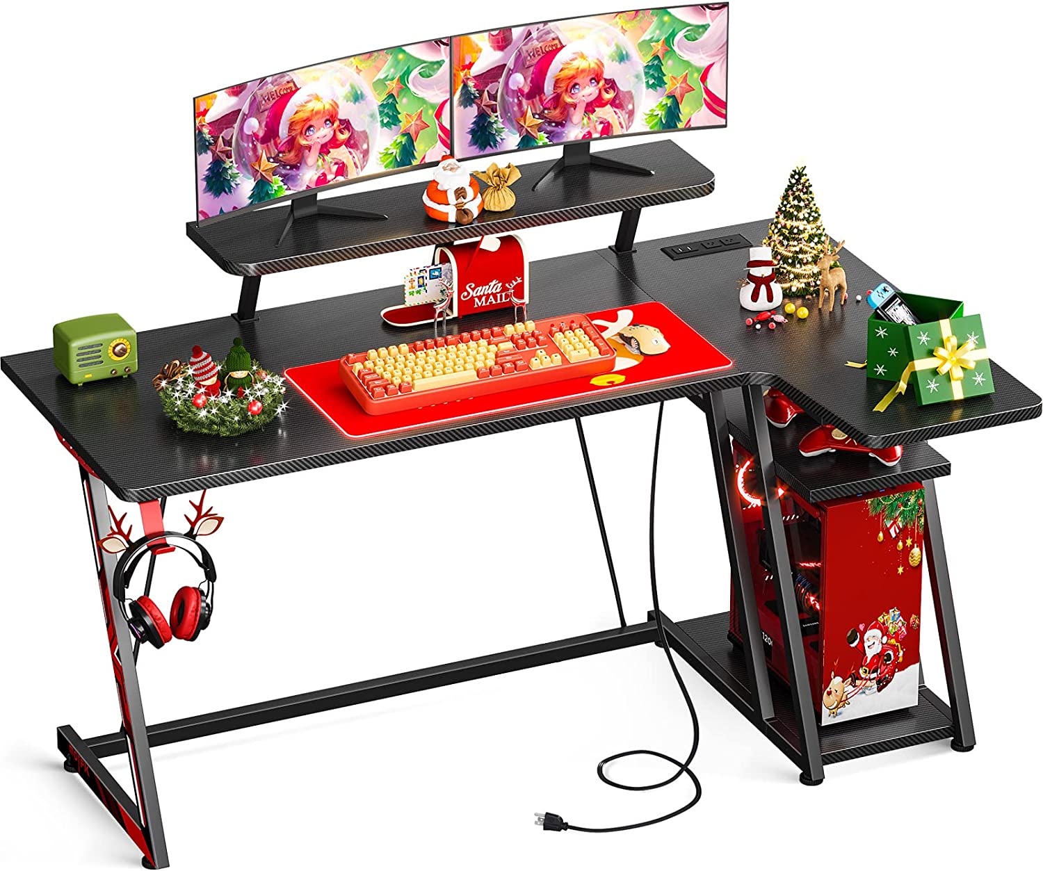 55 Inch L-Shaped Gaming Desk, Carbon Fiber Surface& Power Outlets