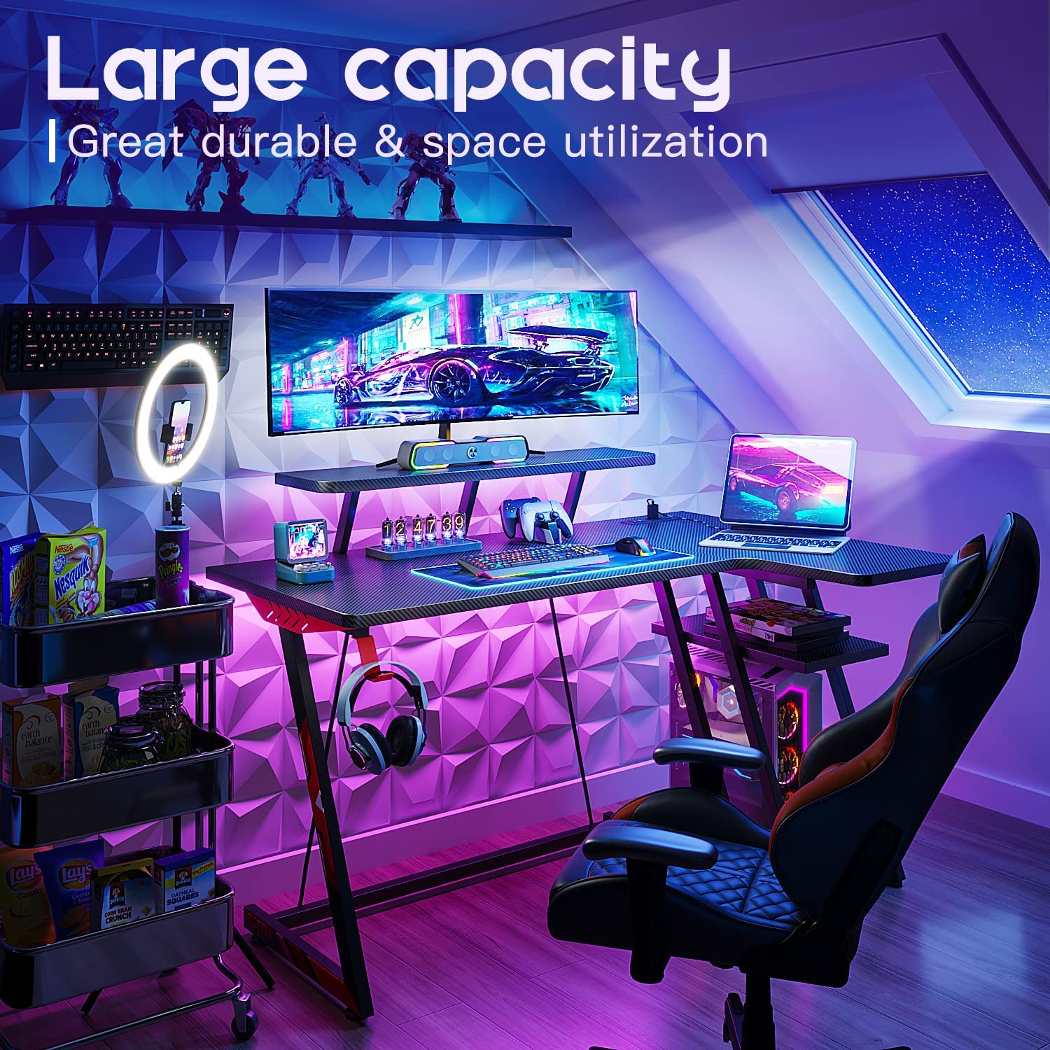 39 Inch L-Shaped Gaming Desk Black, Carbon Fiber Surface& Power Outlets