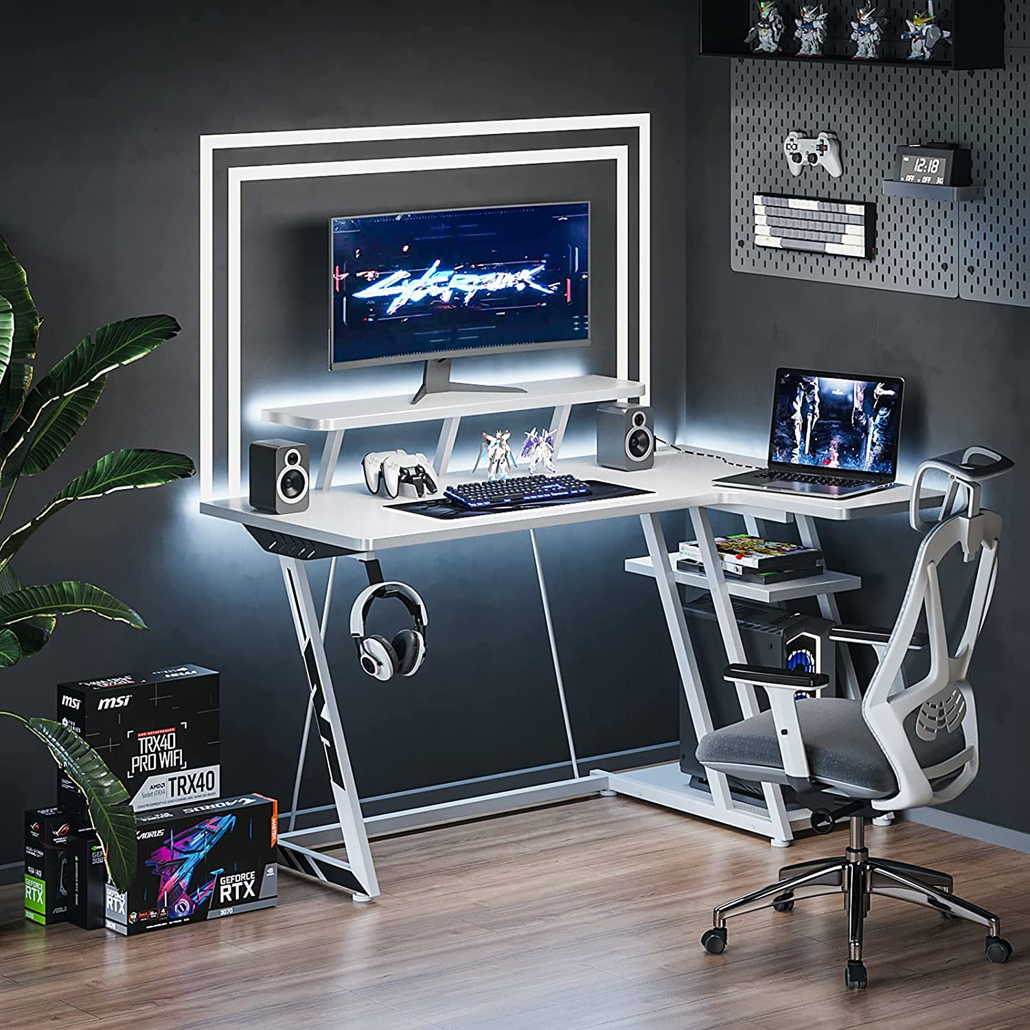 39 Inch L-Shaped Gaming Desk White, Carbon Fiber Surface& Power Outlets