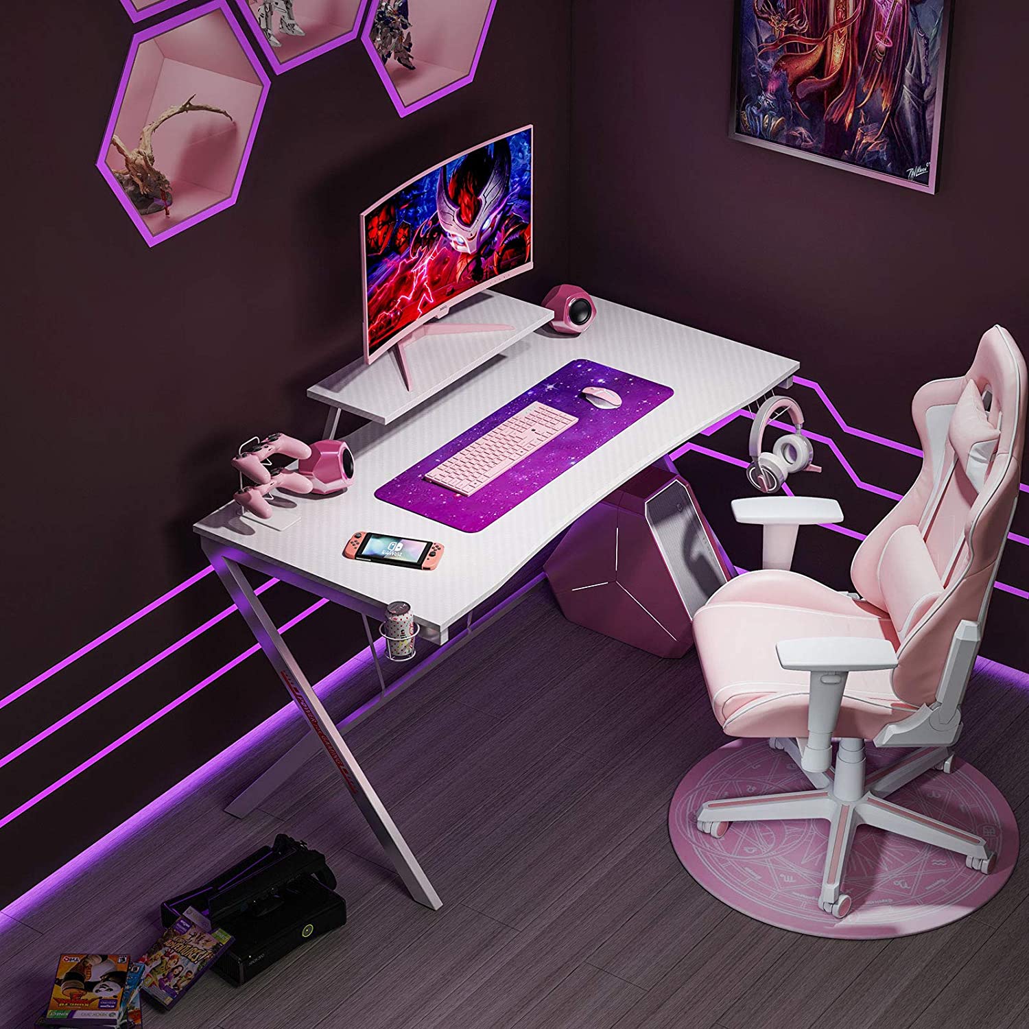 55 Inch Gaming Desk with Monitor Shelf-White