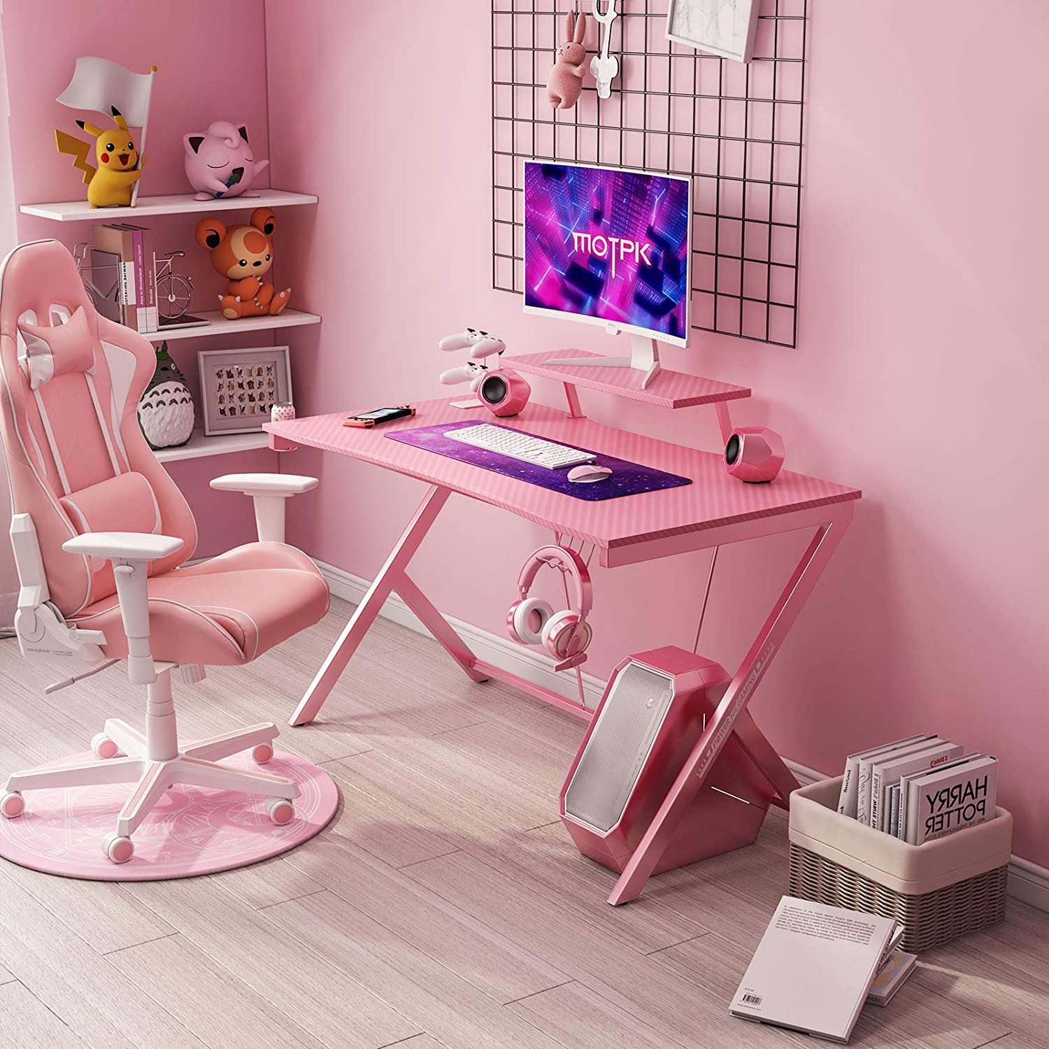 55 Inch Gaming Desk With Monitor Shelf-Pink