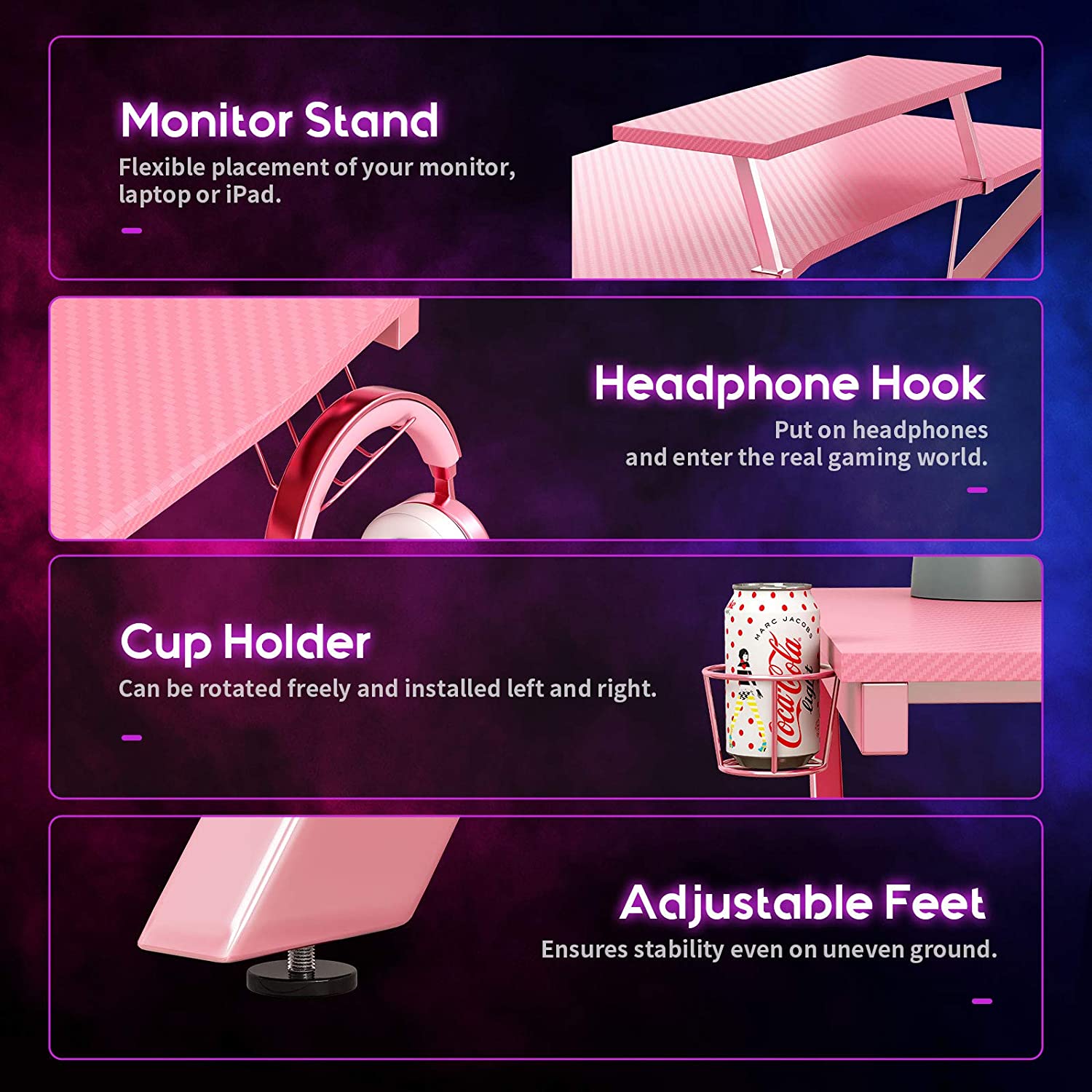 40 Inch Gaming Desk With Monitor Shelf-Pink