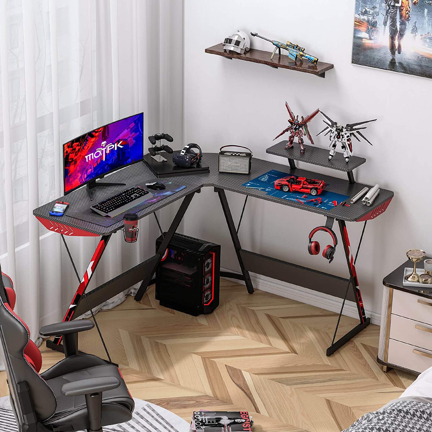 51" Large Gaming Desk L-Shaped With Monitor Shelf - Black&Red