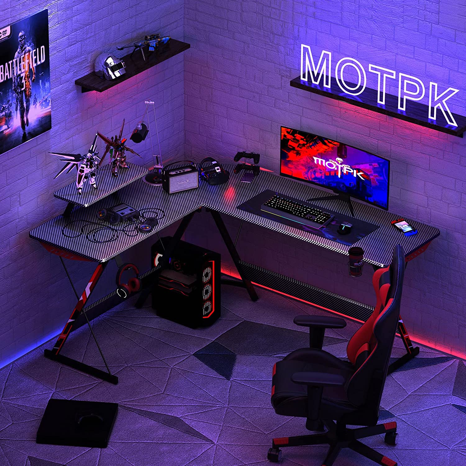 58" Large Gaming Desk L-Shaped With Monitor Shelf - Black&Red